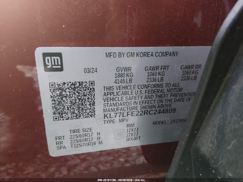 2024 Chevrolet Trax VIN KL77LFE22RC244809 IAAI salvage auction — REAR END, Salvage (Georgia), sold $5,900 on 2026-07-10 (photo 9)