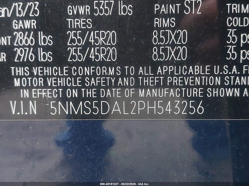 2023 Hyundai Santa fe VIN 5NMS5DAL2PH543256 IAAI salvage auction — REAR END, Salvage - Greater Than 75% (Maryland), sold $7,300 on 2026-07-28 (photo 9)