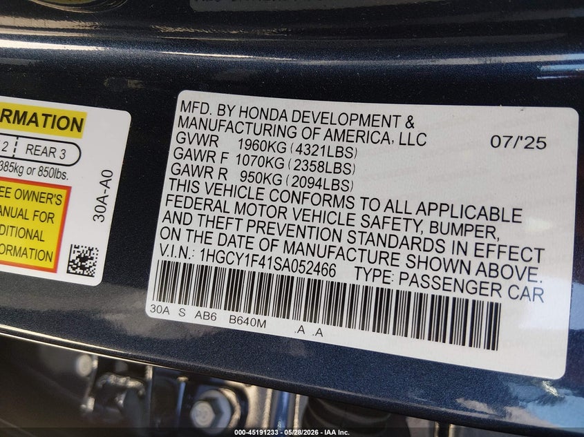 2025 Honda Accord VIN 1HGCY1F41SA052466 IAAI salvage auction — FRONT END, Salvage (Illinois), sold $10,125 on 2026-07-28 (photo 9)