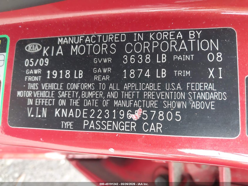 2009 Kia Rio VIN KNADE223196557805 IAAI salvage auction — FRONT END, Salvage (Georgia), sold $275 on 2026-07-10 (photo 9)