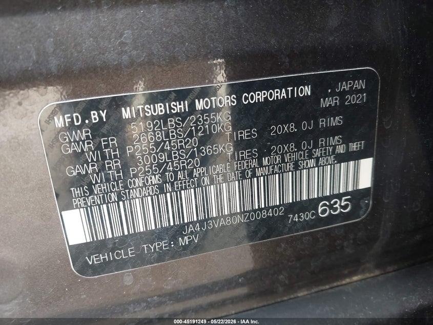 2022 Mitsubishi Outlander VIN JA4J3VA80NZ008402 IAAI salvage auction — FRONT END, Salvage (Georgia), sold $7,400 on 2026-07-15 (photo 9)