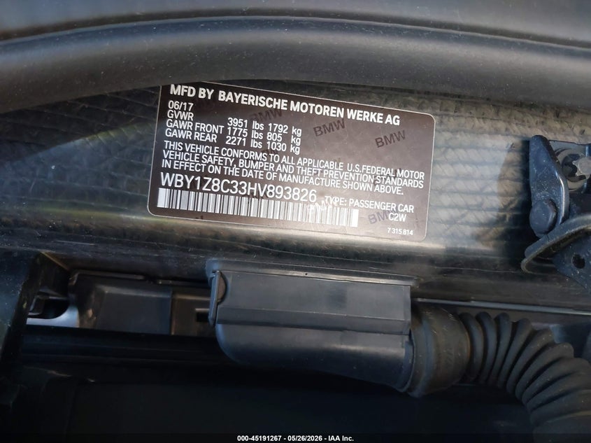 2017 BMW I3 VIN WBY1Z8C33HV893826 IAAI salvage auction — FRONT END, Salvage (Connecticut), sold $3,650 on 2026-07-18 (photo 9)
