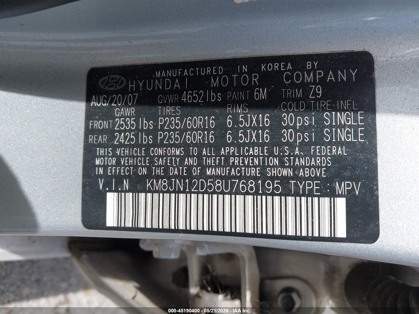 2008 Hyundai Tucson VIN KM8JN12D58U768195 IAAI salvage auction — REAR END, Clear (Hawaii), sold $150 on 2026-07-21 (photo 9)