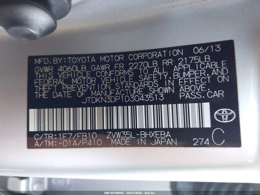 2013 Toyota VIN JTDKN3DP1D3043513 IAAI salvage auction — FRONT END, Salvage (Arizona), sold $3,850 on 2026-07-28 (photo 9)