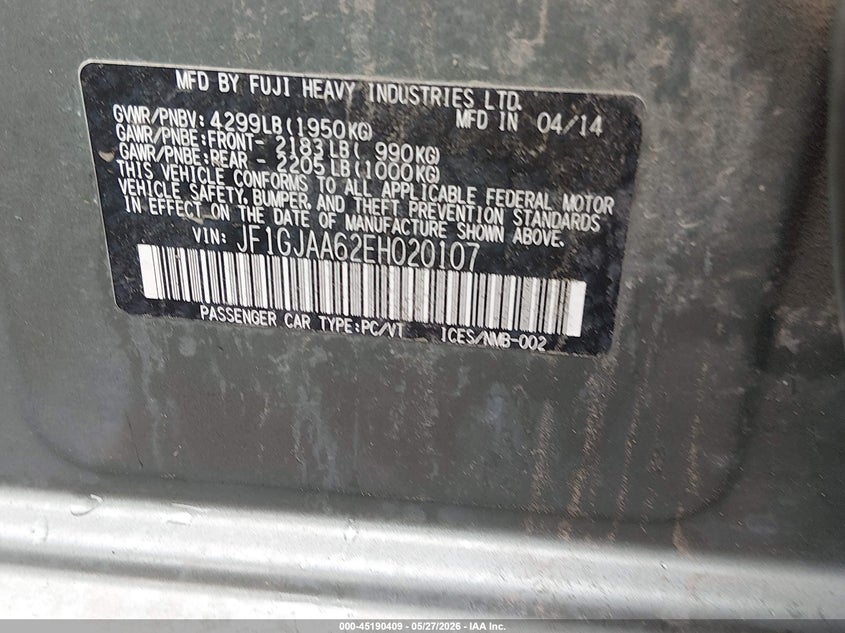 2014 Subaru Impreza VIN JF1GJAA62EH020107 IAAI salvage auction — REAR END, Salvage (Nevada), sold $750 on 2026-07-24 (photo 9)