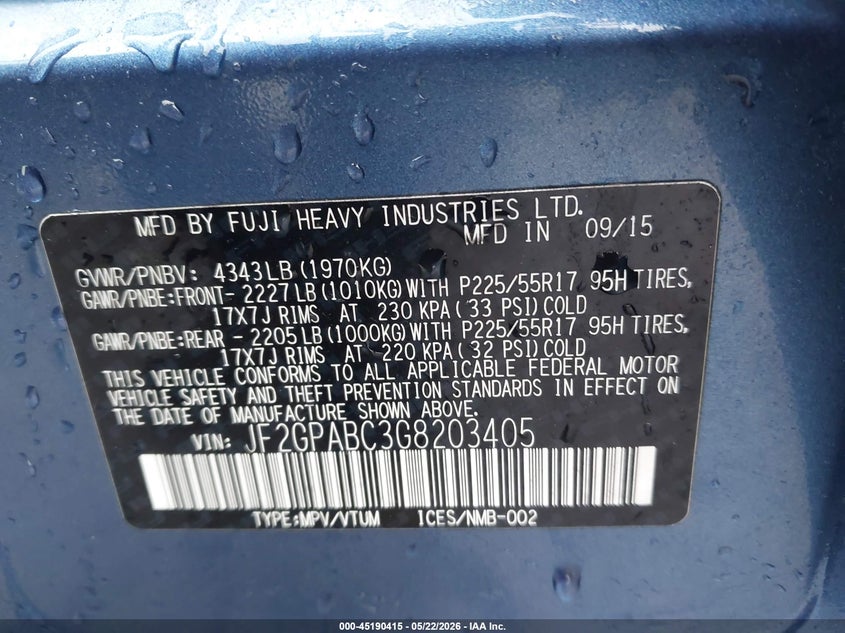 2016 Subaru Xv VIN JF2GPABC3G8203405 IAAI salvage auction — FRONT END, Clear (Virginia), sold $2,750 on 2026-07-06 (photo 9)