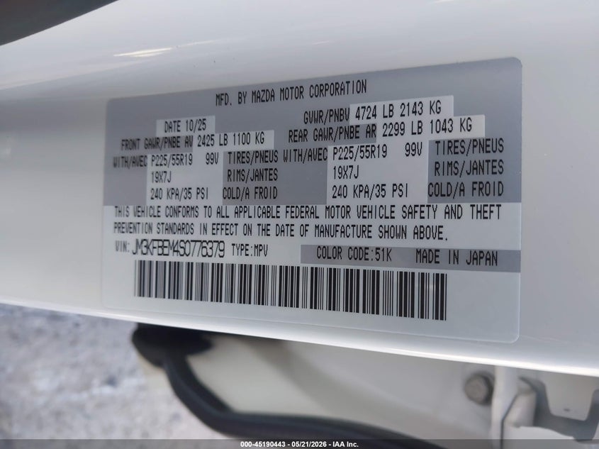 2025 Mazda Cx-5 VIN JM3KFBEM4S0776379 IAAI salvage auction — REAR END, Salvage (Illinois), sold $10,275 on 2026-07-28 (photo 9)