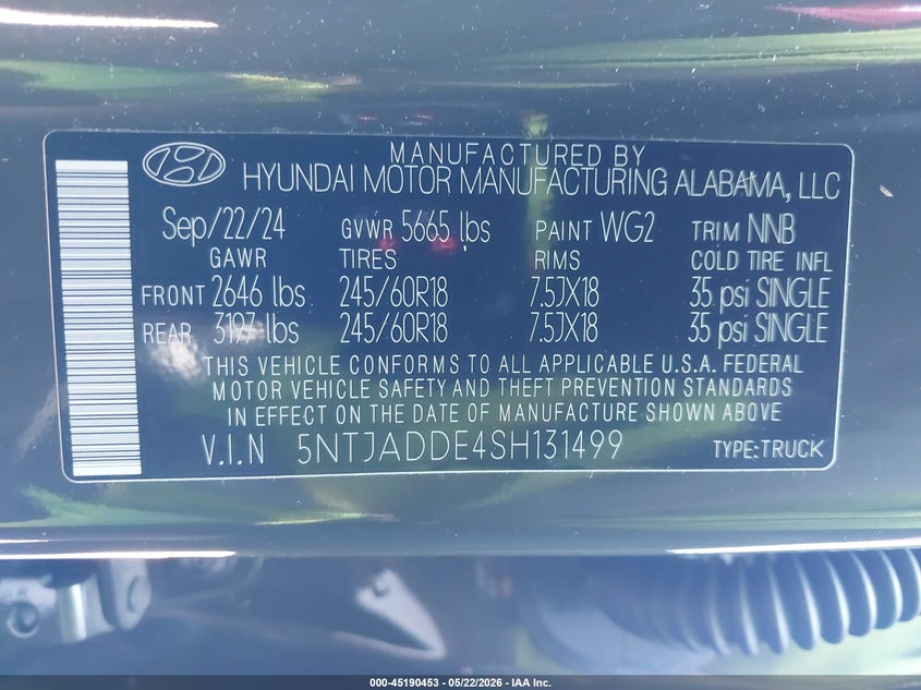 2025 Hyundai Santa cruz VIN 5NTJADDE4SH131499 IAAI salvage auction — FRONT END, Salvage (California), sold $7,300 on 2026-07-21 (photo 9)