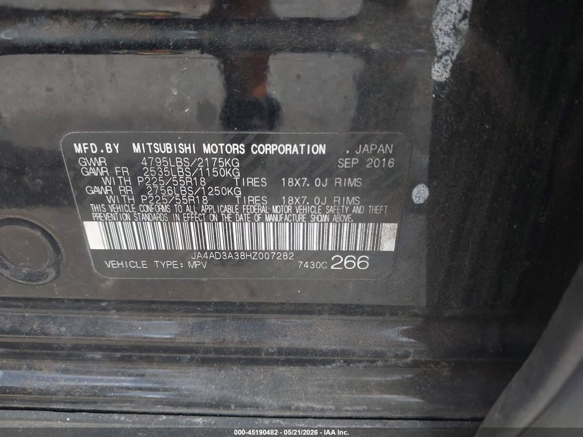 2017 Mitsubishi Outlander VIN JA4AD3A38HZ007282 IAAI salvage auction — NORMAL WEAR, Salvage (Texas), sold $350 on 2026-07-28 (photo 9)