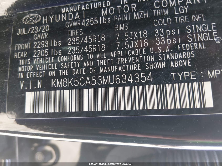 2021 Hyundai Kona VIN KM8K5CA53MU634354 IAAI salvage auction — ROLLOVER, Salvage Title, sold $2,000 on 2026-07-10 (photo 9)
