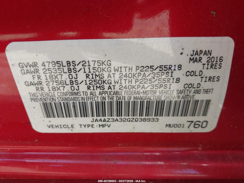 2016 Mitsubishi Outlander VIN JA4AZ3A32GZ038933 IAAI salvage auction — BIO HAZARD, Salvage (Oregon), sold $25 on 2026-07-30 (photo 9)