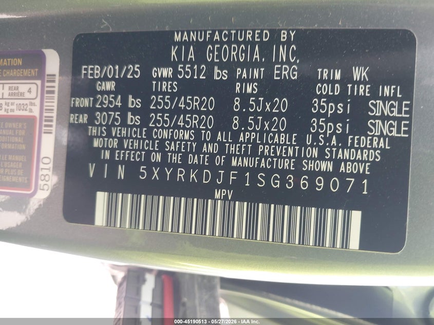2025 Kia Sorento VIN 5XYRKDJF1SG369071 IAAI salvage auction — ROLLOVER, Salvage Title, sold $3,500 on 2026-08-01 (photo 9)