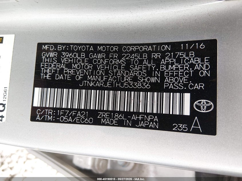 2017 Toyota Corolla VIN JTNKARJE1HJ533836 IAAI salvage auction — FRONT END, Salvage Title, sold $4,000 on 2026-08-01 (photo 9)