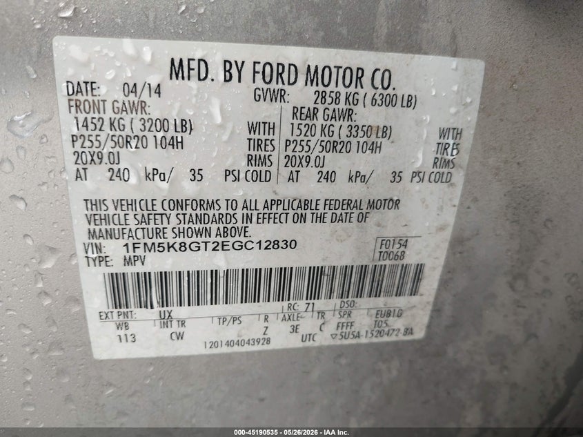 2014 Ford Explorer VIN 1FM5K8GT2EGC12830 IAAI salvage auction — FRONT END, Salvage Title, sold $1,000 on 2026-07-05 (photo 9)