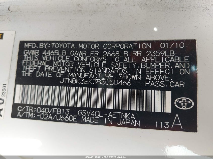 2011 Toyota Camry VIN JTNBK3EK3B3050466 IAAI salvage auction — FRONT END, Salvage (California), sold $800 on 2026-07-07 (photo 9)