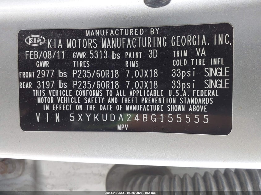 2011 Kia Sorento VIN 5XYKUDA24BG155555 IAAI salvage auction — NORMAL WEAR, Clear (Montana), sold $675 on 2026-07-30 (photo 9)