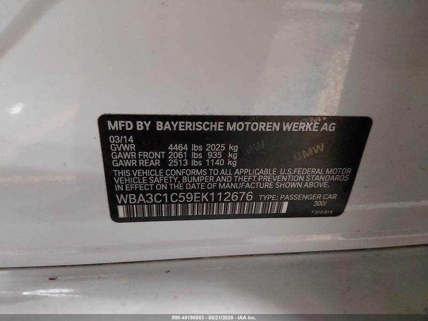 2014 BMW 3er VIN WBA3C1C59EK112676 IAAI salvage auction — FRONT END, Salvage (Arizona), sold $1,050 on 2026-07-28 (photo 9)