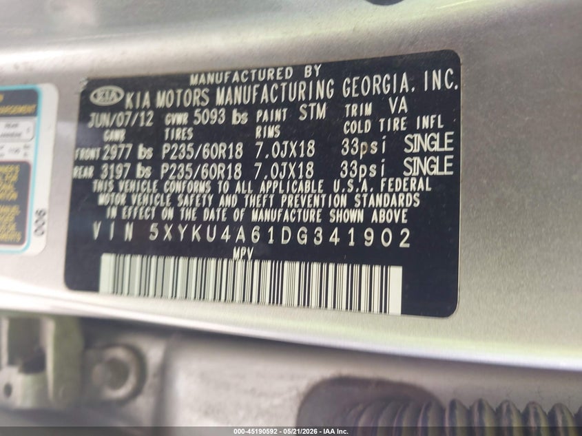 2013 Kia Sorento VIN 5XYKU4A61DG341902 IAAI salvage auction — FRONT END, Salvage (California), sold $475 on 2026-07-20 (photo 9)