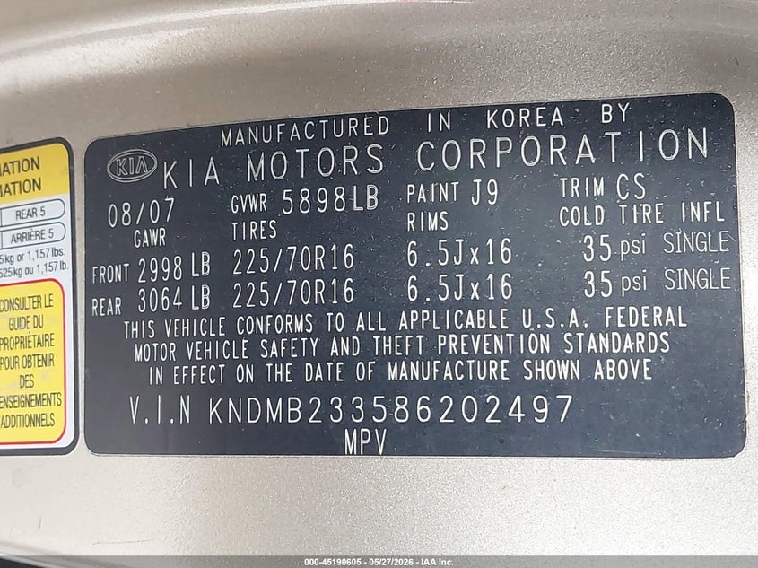 2008 Kia SEDONA VIN KNDMB233586202497 IAAI salvage auction — SIDE, Salvage (Kentucky), sold $525 on 2026-07-09 (photo 9)