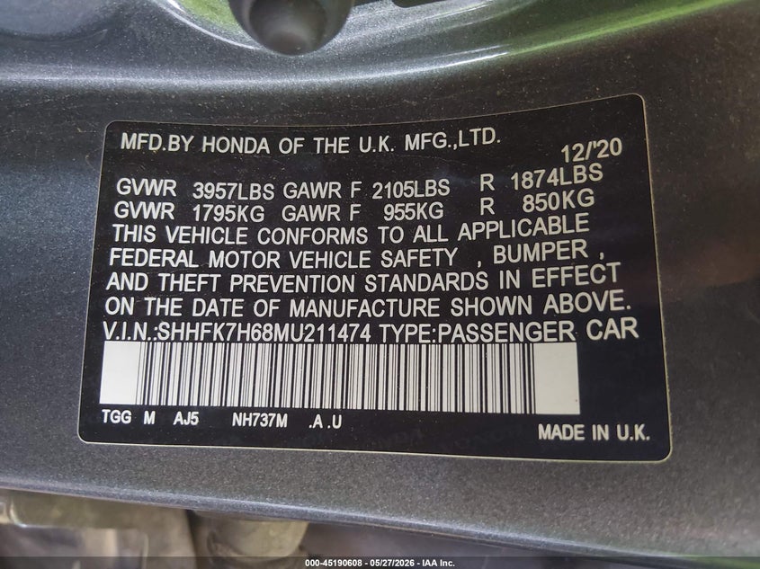 2021 Honda Civic VIN SHHFK7H68MU211474 IAAI salvage auction — FRONT END, Salvage Title, sold $6,300 on 2026-07-14 (photo 9)