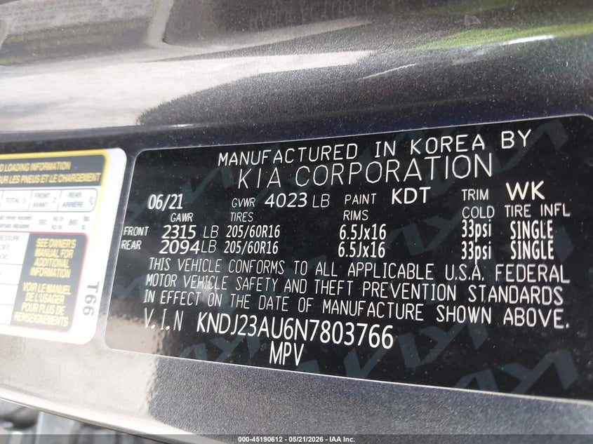 2022 Kia Soul VIN KNDJ23AU6N7803766 IAAI salvage auction — THEFT, Original (Texas), sold $7,600 on 2026-07-08 (photo 9)