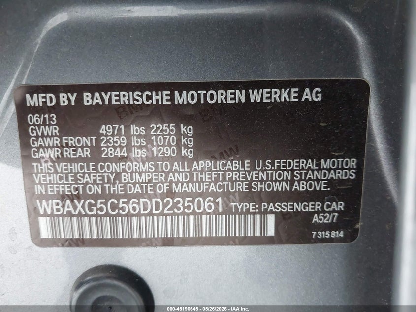 2013 BMW 5er VIN WBAXG5C56DD235061 IAAI salvage auction — RIGHT SIDE, Salvage (California), sold $1,150 on 2026-07-14 (photo 9)