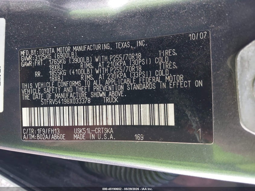 2008 Toyota Tundra VIN 5TFRV54198X033378 IAAI salvage auction — REAR END, Original (Texas), sold $4,550 on 2026-07-30 (photo 9)