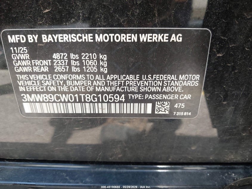 2026 BMW 3er VIN 3MW89CW01T8G10594 IAAI salvage auction — HAIL, Salvage Title, sold $17,600 on 2026-07-30 (photo 9)