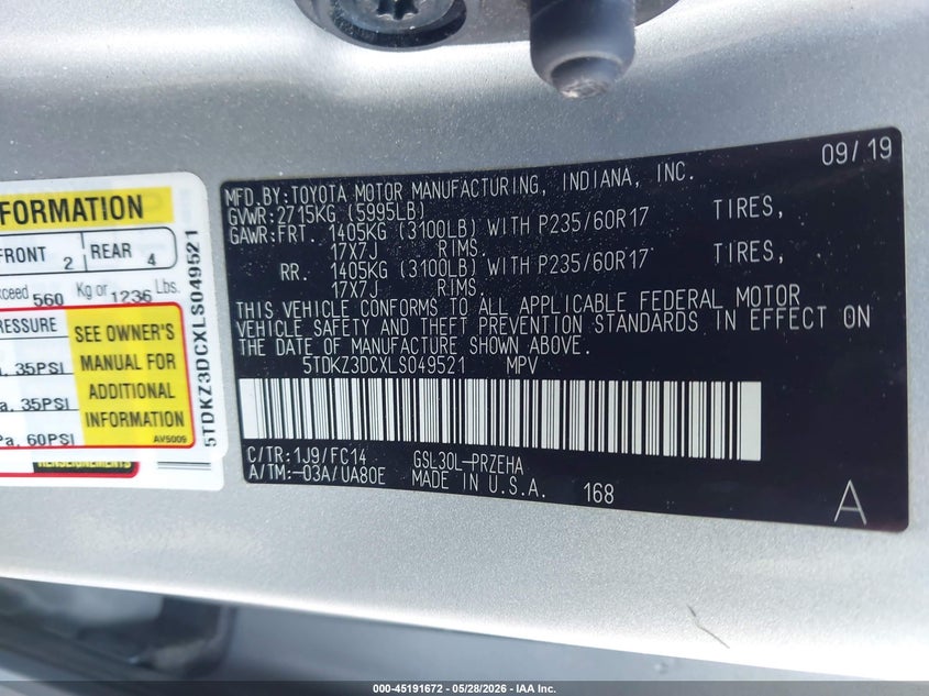2020 Toyota Sienna VIN 5TDKZ3DCXLS049521 IAAI salvage auction — FRONT END, Salvage (Virginia), sold $7,100 on 2026-07-31 (photo 9)