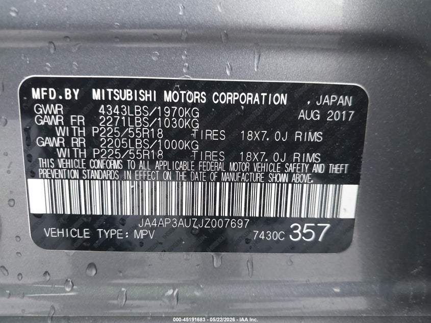 2018 Mitsubishi Outlander VIN JA4AP3AU7JZ007697 IAAI salvage auction — FRONT END, Salvage (Virginia), sold $3,350 on 2026-07-15 (photo 9)