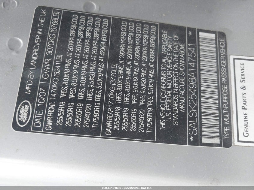 2008 Land rover Range rover sport VIN SALSK25498A147541 IAAI salvage auction — REAR END, Clear (Massachusetts), sold $725 on 2026-07-07 (photo 9)