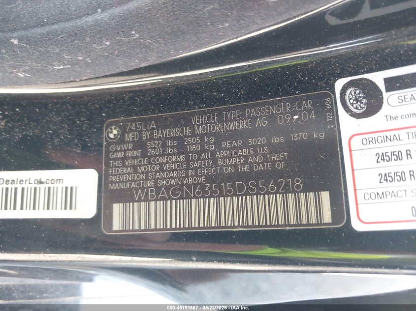 2005 BMW 7er VIN WBAGN63515DS56218 IAAI salvage auction — UNKNOWN, Rebuildable (Florida), sold $475 on 2026-07-14 (photo 9)