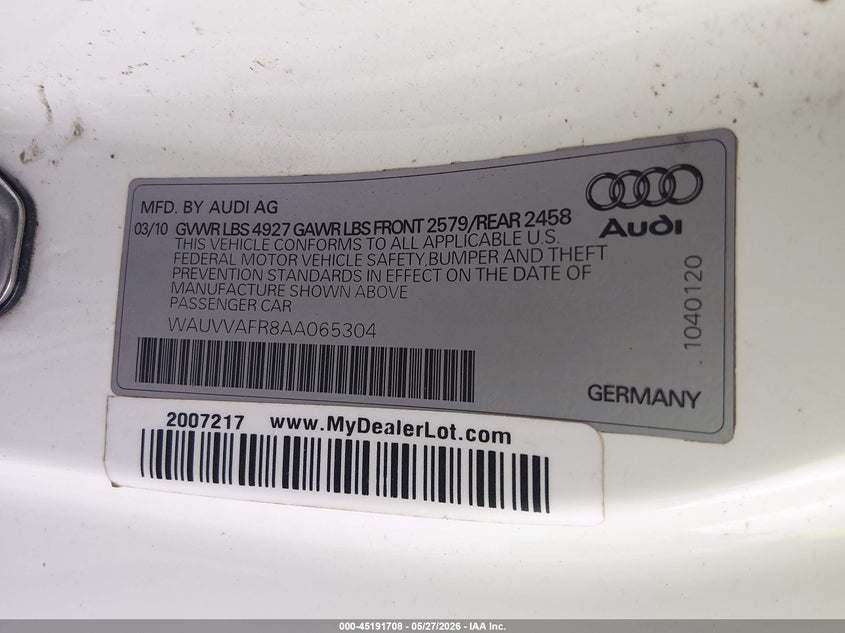 2010 Audi S5 VIN WAUVVAFR8AA065304 IAAI salvage auction — HAIL, Clear (Missouri), sold $525 on 2026-07-13 (photo 9)