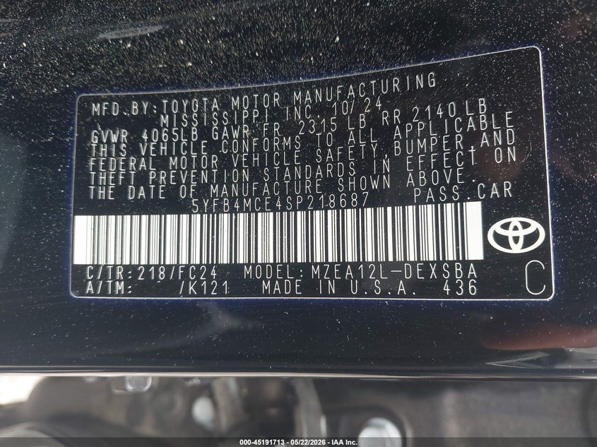 2025 Toyota Corolla VIN 5YFB4MCE4SP218687 IAAI salvage auction — FRONT END, Salvage (Georgia), sold $6,050 on 2026-08-01 (photo 9)