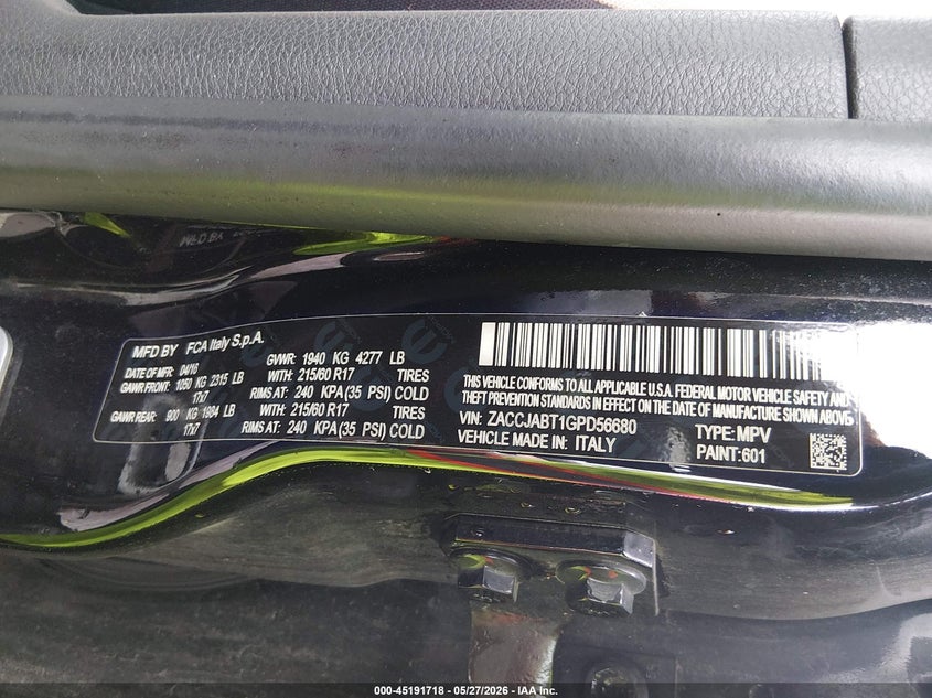2016 Jeep Renegade VIN ZACCJABT1GPD56680 IAAI salvage auction — REAR END, Clear (Indiana), sold $1,950 on 2026-07-08 (photo 9)