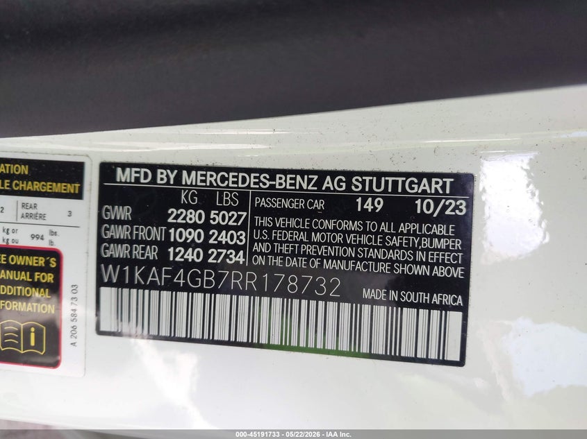 2024 Mercedes-benz C-klasse VIN W1KAF4GB7RR178732 IAAI salvage auction — LEFT FRONT, Certificate Of Destruction (Florida), sold $9,950 on 2026-07-29 (photo 9)