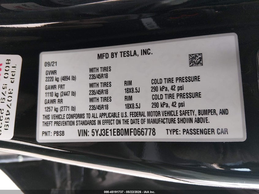 2021 Tesla Model 3 VIN 5YJ3E1EB0MF066778 IAAI salvage auction — FRONT END, Salvage (Illinois), sold $4,250 on 2026-08-29 (photo 9)