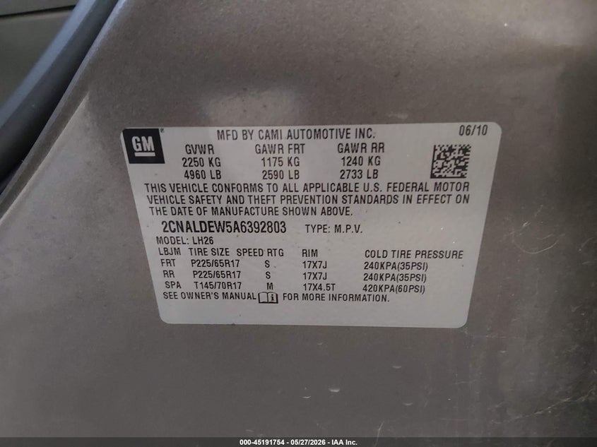 2010 Chevrolet Equinox VIN 2CNALDEW5A6392803 IAAI salvage auction — LEFT REAR, Salvage (Missouri), sold $1,100 on 2026-07-09 (photo 9)