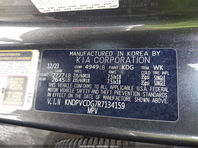 2024 Kia Sportage VIN KNDPVCDG7R7134159 IAAI salvage auction — FRONT END, Mv-907A (New York), sold $6,075 on 2026-07-14 (photo 9)