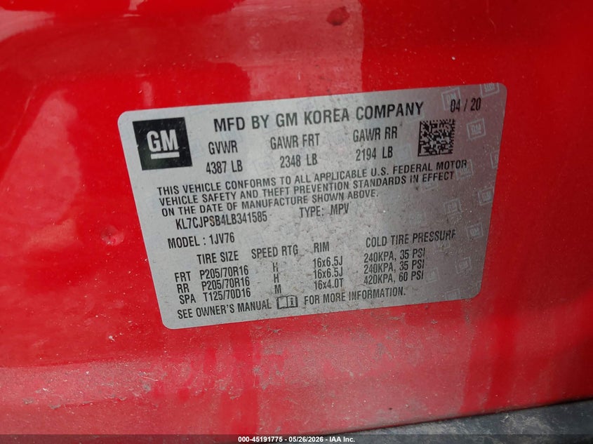 2020 Chevrolet Trax VIN KL7CJPSB4LB341585 IAAI salvage auction — RIGHT FRONT, Salvage Title, sold $1,500 on 2026-07-07 (photo 9)