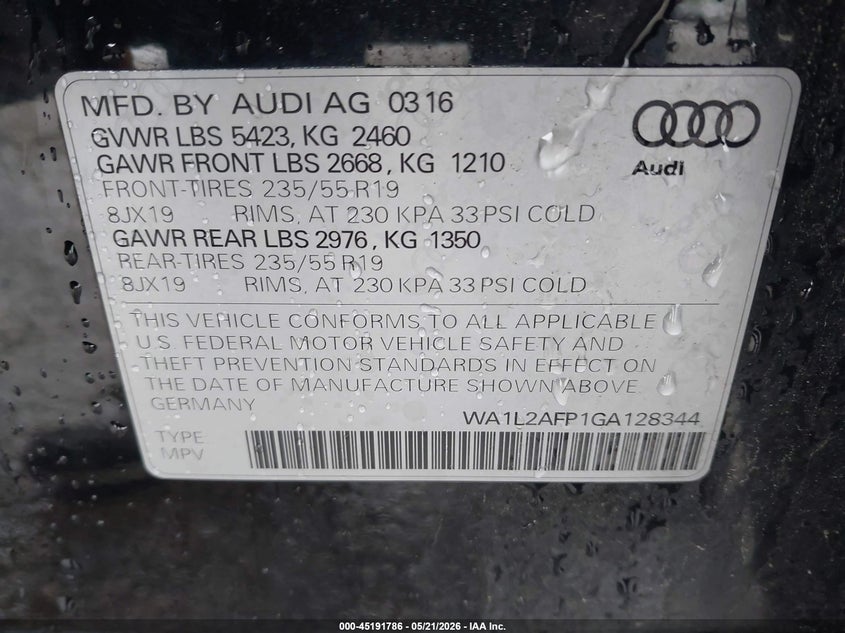 2016 Audi Q5 VIN WA1L2AFP1GA128344 IAAI salvage auction — NORMAL WEAR, Clear (Pennsylvania), sold $2,725 on 2026-07-17 (photo 9)