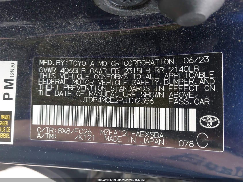 2023 Toyota Corolla VIN JTDP4MCE2PJ102356 IAAI salvage auction — SIDE, Salvage (Massachusetts), sold $3,550 on 2026-07-28 (photo 9)