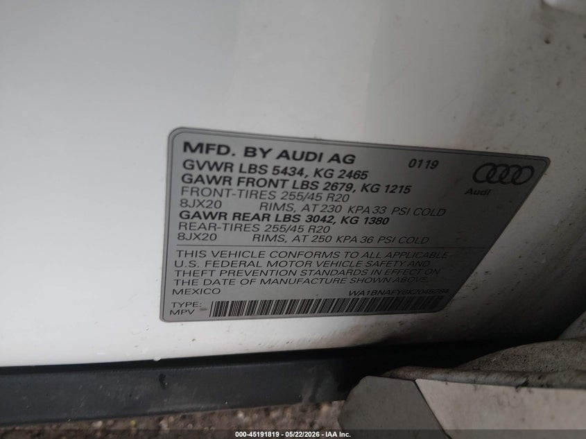 2019 Audi Q5 VIN WA1BNAFY6K2046284 IAAI salvage auction — FRONT END, Salvage (Indiana), sold $6,300 on 2026-07-29 (photo 9)