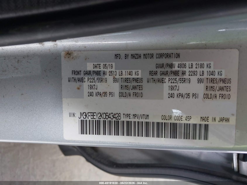 2019 Mazda Cx-5 VIN JM3KFBEY2K0643428 IAAI salvage auction — FRONT END, Salvage Title, sold $4,200 on 2026-07-22 (photo 9)