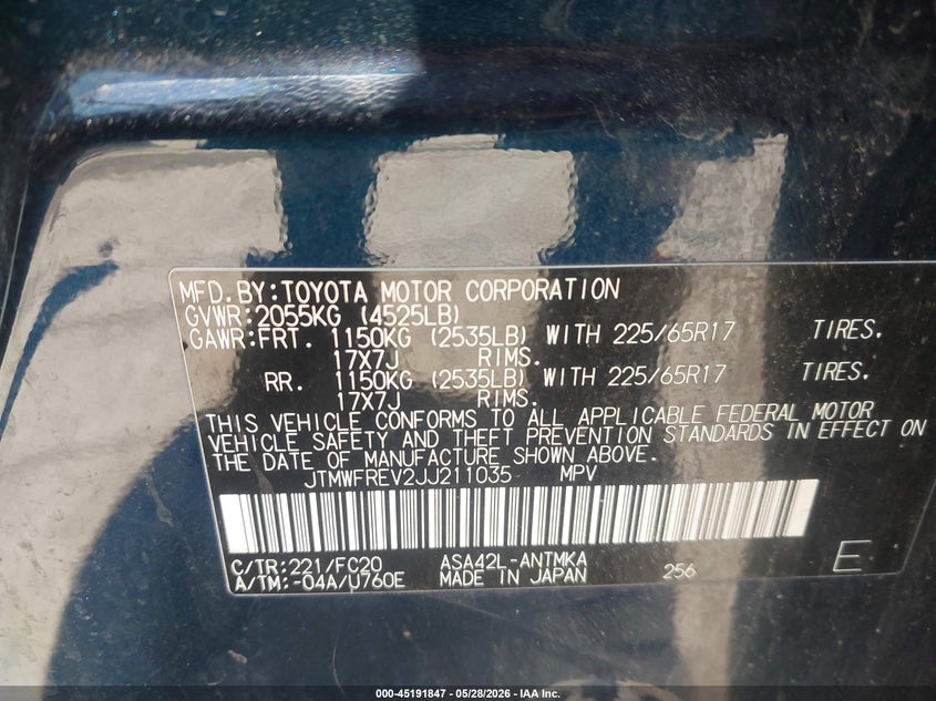 2018 Toyota Rav 4 VIN JTMWFREV2JJ211035 IAAI salvage auction — FRONT END, Salvage (Ohio), sold $3,300 on 2026-07-21 (photo 9)