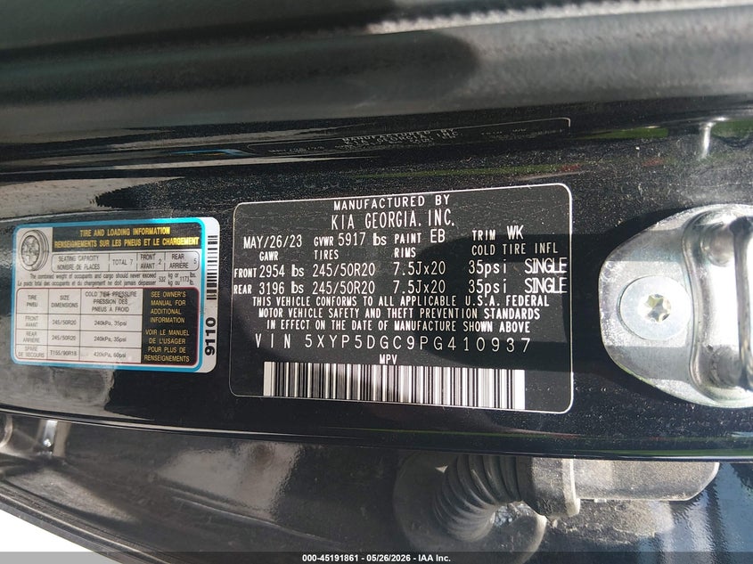 2023 Kia Telluride VIN 5XYP5DGC9PG410937 IAAI salvage auction — ROLLOVER, Salvage (Louisiana), sold $550 on 2026-07-14 (photo 9)