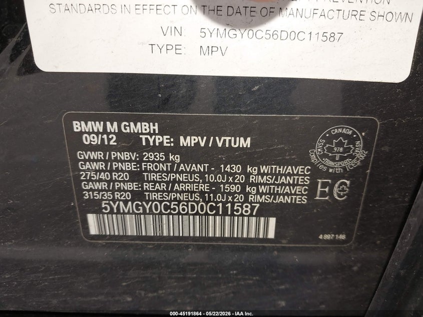 2013 BMW X5 m VIN 5YMGY0C56D0C11587 IAAI salvage auction — FRONT END, Salvage (Texas), sold $3,800 on 2026-07-13 (photo 9)