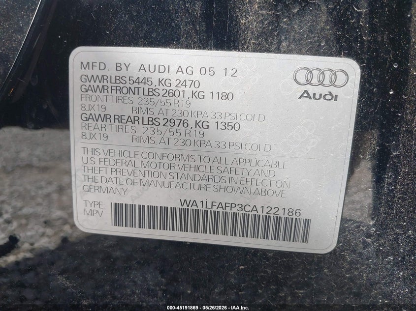 2012 Audi Q5 VIN WA1LFAFP3CA122186 IAAI salvage auction — REAR END, Original (Kentucky), sold $825 on 2026-07-14 (photo 9)