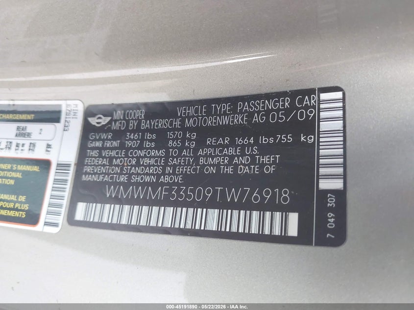 2009 Mini Cooper VIN WMWMF33509TW76918 IAAI salvage auction — NORMAL WEAR, Original (Texas), sold $500 on 2026-07-20 (photo 9)