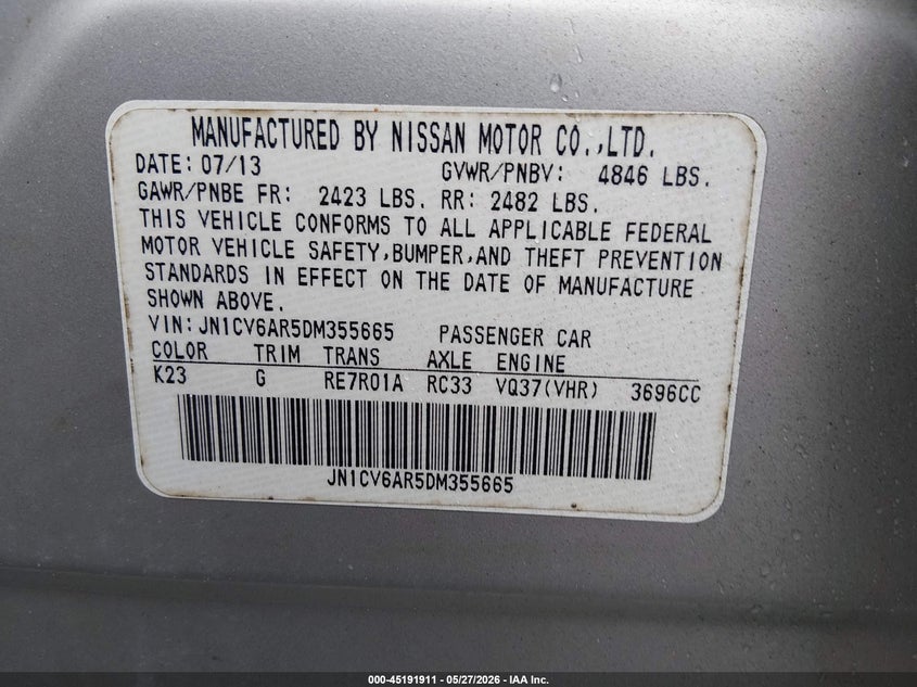 2013 Infiniti G VIN JN1CV6AR5DM355665 IAAI salvage auction — FRONT END, Salvage (South Carolina), sold $475 on 2026-07-28 (photo 9)